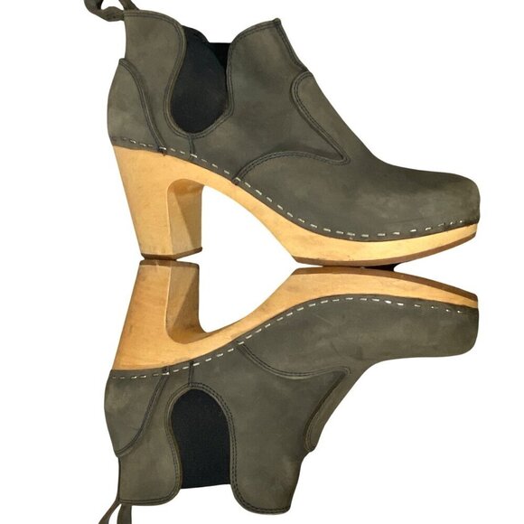 Swedish Hasbeens Gray nubuck Leather Heeled Clogs Wooden Sole Chelsea boots 39 - Picture 10 of 14